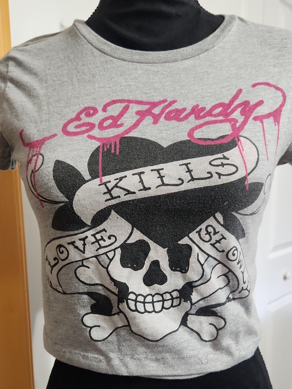 Ed Hardy Grey Crop Top with Black Skull and Pink Logo "love kills slowly"